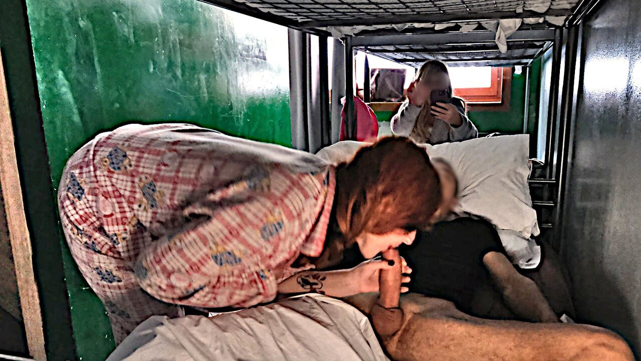 Blowjob in a hostel, the big tits slut wakes me up with a nice blowjob and sucks all my cum